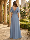 Chiffon A Line V Neck Short Sleeves Long Mother of the Bride Dresses with Pleats