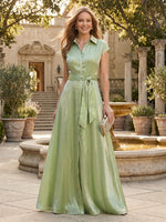 Satin A Line V Neck Short Sleeves Long Mother of the Bride Dresses with Pleats