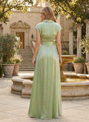 Satin A Line V Neck Short Sleeves Long Mother of the Bride Dresses with Pleats