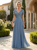 Chiffon A Line V Neck Short Sleeves Long Mother of the Bride Dresses with Sequin