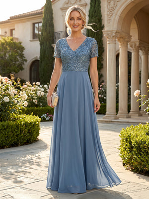 Chiffon A Line V Neck Short Sleeves Long Mother of the Bride Dresses with Sequin