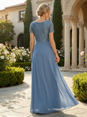 Chiffon A Line V Neck Short Sleeves Long Mother of the Bride Dresses with Sequin