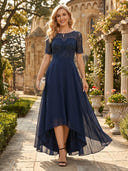 Chiffon A Line Short Sleeves High Low Mother of the Bride Dresses with Lace