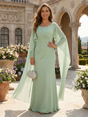 Chiffon Mermaid Cape Sleeves Long Mother of the Bride Dresses with Pleated
