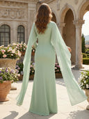 Chiffon Mermaid Cape Sleeves Long Mother of the Bride Dresses with Pleated