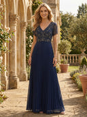 Chiffon A Line V Neck Short Sleeves Long Mother of the Bride Dresses with Lace