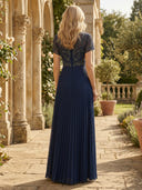 Chiffon A Line V Neck Short Sleeves Long Mother of the Bride Dresses with Lace