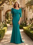 Satin Mermaid 3/4 Sleeves Long Mother of the Bride Dresses with Flower