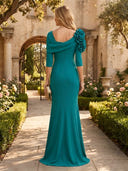 Satin Mermaid 3/4 Sleeves Long Mother of the Bride Dresses with Flower