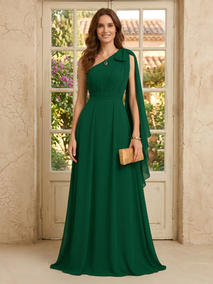 Chiffon One Shoulder A Line Long Mother of the Bride Dresses with Bow