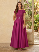 Satin Crew Neck A Line Long Mother of the Bride Dresses with Lace
