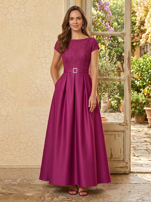 Satin Crew Neck A Line Long Mother of the Bride Dresses with Lace