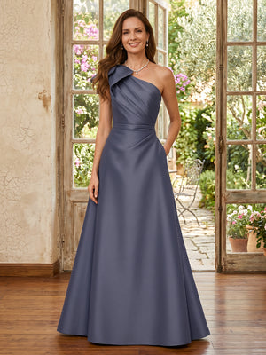 Satin  One Shoulder A Line Long Mother of the Bride Dresses with Bow