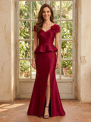 Satin  V Neck Mermaid Long Mother of the Bride Dresses with Slit