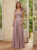 Satin V Neck A Line Long Mother of the Bride Dresses with Bow