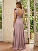 Satin V Neck A Line Long Mother of the Bride Dresses with Bow