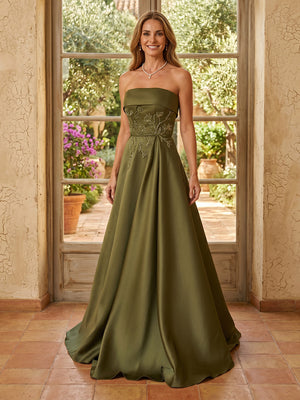 Satin Strapless A Line Long Mother of the Bride Dresses
