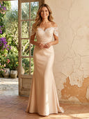 Satin Off Shoulder Mermaid Long Mother of the Bride Dresses with Lace