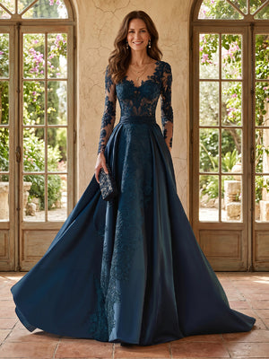 Satin V Neck A Line Long Mother of the Bride Dresses with Lace