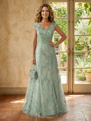 Tulle V Neck A Line Long Mother of the Bride Dresses