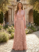Satin V Neck A Line Long Mother of the Bride Dresses with Lace