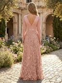 Satin V Neck A Line Long Mother of the Bride Dresses with Lace