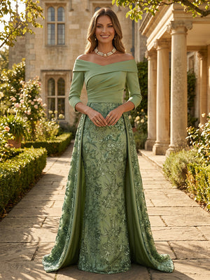 Satin Off Shoulder A Line Long Mother of the Bride Dresses with Lace