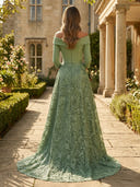 Satin Off Shoulder A Line Long Mother of the Bride Dresses with Lace