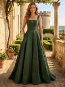 Satin Square Neck A Line Long Mother of the Bride Dresses