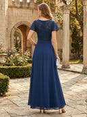 Chiffon Crew Neck A Line Long Mother of the Bride Dresses with Lace