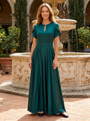 Satin Crew Neck A Line Long Mother of the Bride Dresses