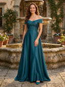 Satin Off Shoulder A Line Long Mother of the Bride Dresses