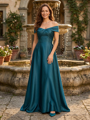 Satin Off Shoulder A Line Long Mother of the Bride Dresses