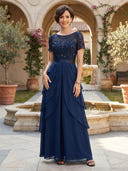 Chiffon Crew Neck A Line Long Mother of the Bride Dresses with Bead