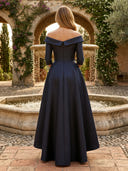 Satin V Neck A Line Long Mother of the Bride Dresses with Lace