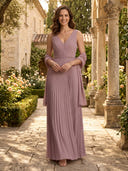 Chiffon V Neck A Line Long Mother of the Bride Dresses with Showl