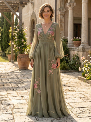 Chiffon V Neck A Line Long Mother of the Bride Dresses with Flower