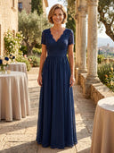 Chiffon V Neck A Line Long Mother of the Bride Dresses with Lace
