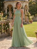 Chiffon Halter A Line Long Mother of the Bride Dresses with Lace