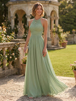 Chiffon Halter A Line Long Mother of the Bride Dresses with Lace