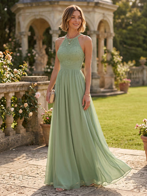 Chiffon Halter A Line Long Mother of the Bride Dresses with Lace
