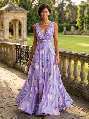 Chiffon V Neck A Line Long Mother of the Bride Dresses with Flower