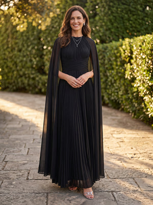 Chiffon Crew Neck A Line Long Mother of the Bride Dresses with Cape
