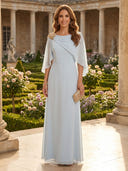Chiffon Crew Neck A Line Long Mother of the Bride Dresses with Cape