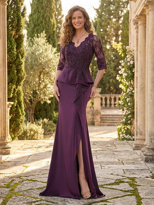 Satin V Neck Mermaid Long Mother of the Bride Dresses with Lace