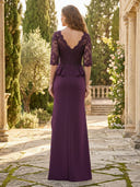 Satin V Neck Mermaid Long Mother of the Bride Dresses with Lace