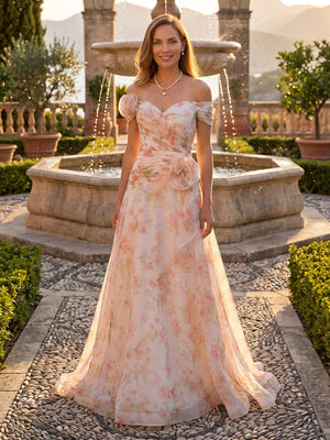 Chiffon Off Shoulder A Line Long Mother of the Bride Dresses with Flower