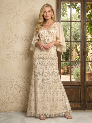 Chiffon V Neck Mermaid Long Mother of the Bride Dresses with Sequin