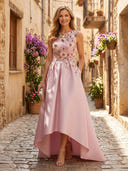 Satin Crew Neck A Line Long Mother of the Bride Dresses with Flower