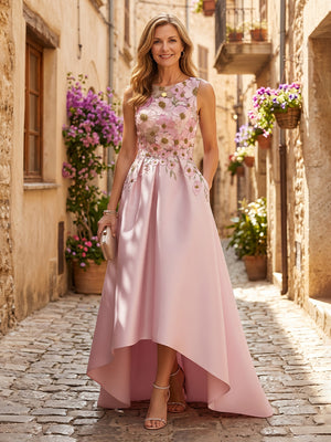 Satin Crew Neck A Line Long Mother of the Bride Dresses with Flower